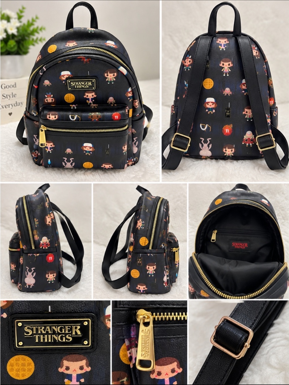 Stranger Things Mini Backpack Black Faux Leather Character Print Gold Hardware
